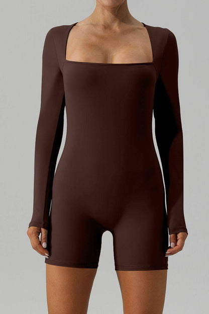 Square Neck Long Sleeve Active Romper for Women Fitness