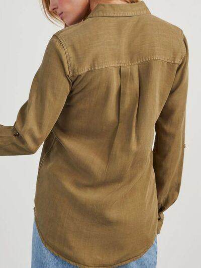 Collared Neck Roll-Tab Sleeve Denim Top for Women