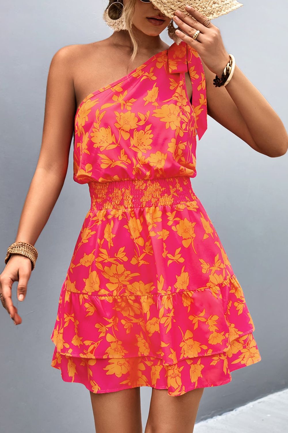 Pink Smocked Printed Single Shoulder Dress Feminine &amp; Flattering Summer Style Dresses
