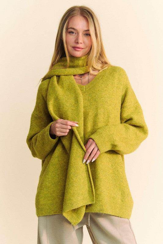 Davi &amp; Dani V-Neck Dropped Shoulder Sweater with Scarf