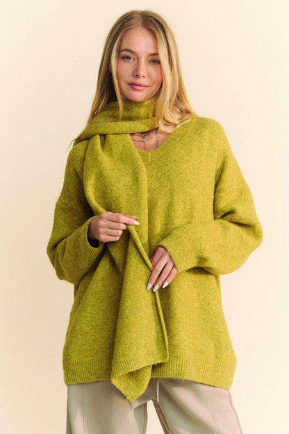 Davi &amp; Dani V-Neck Dropped Shoulder Sweater with Scarf