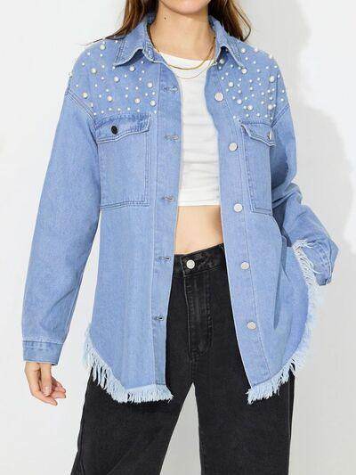 Raw Hem Pearl Trim Collared Neck Denim Top for Women