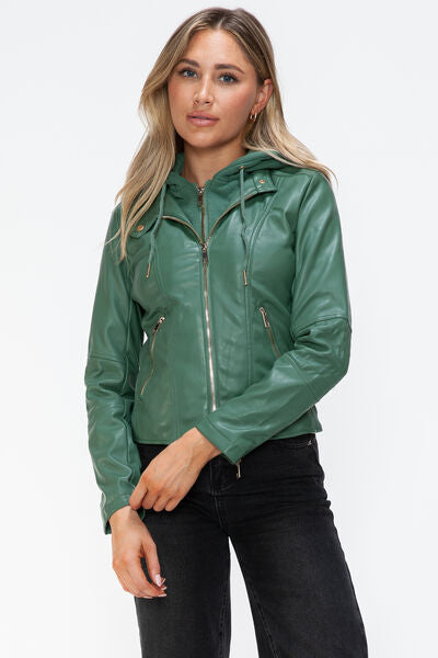 Women Classic Snobbish Faux Leather Zip-Up Drawstring Hooded Jacket Edgy &amp; Casual PU Leather Jacket For Streetwear