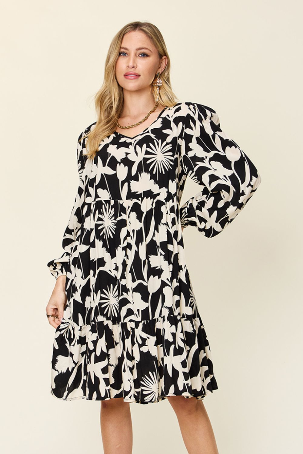 Double Take Full Size Printed Ruffle Hem Dress with Pocket Stylish &amp; Functional Women Dress