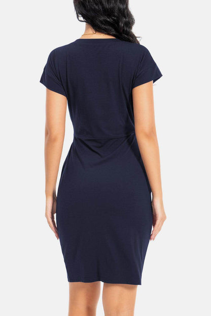 Tie Front Round Neck Short Sleeve Dress for Women
