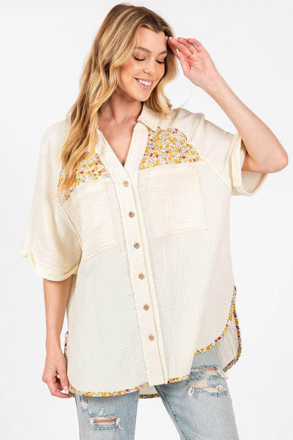 SAGE + FIG Full Size Floral Detail Button Up Shirt
