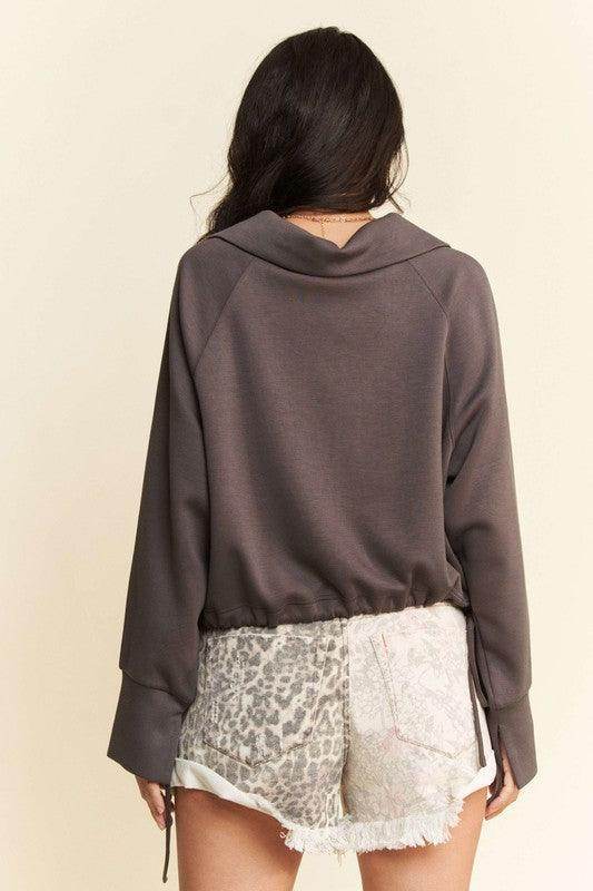 Davi &amp; Dani Drawstring Hem Half Zip Raglan Sleeve Sweatshirt