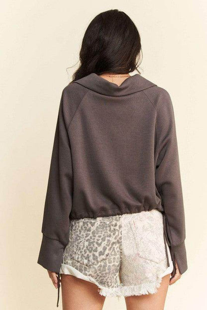 Davi &amp; Dani Drawstring Hem Half Zip Raglan Sleeve Sweatshirt