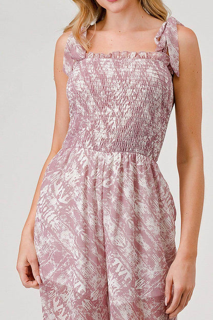 GeeGee Printed Tie Shoulder Wide Leg Jumpsuit for Women