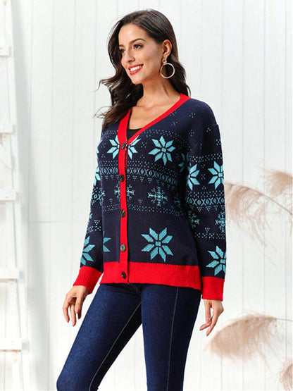 Snowflake Pattern Button Down Cardigan for Winter Style