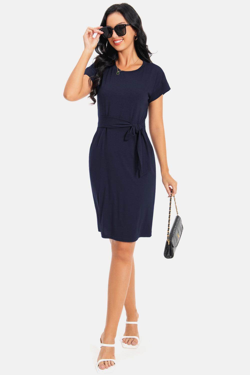Tie Front Round Neck Short Sleeve Dress for Women