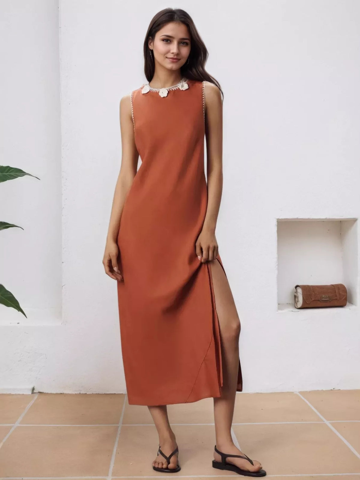 Slit Round Neck Sleeveless Midi Tank Dress