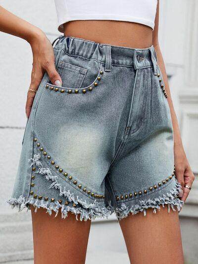 Raw Hem Studded Denim Shorts for Trendy Summer Style