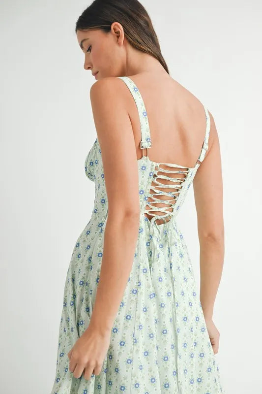 MABLE Floral Print Bustier Back Lace Up Midi Dress