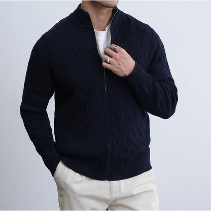 Mens Casual Slim-fit Jacquard Knitted Coat With A Stand-up Collar