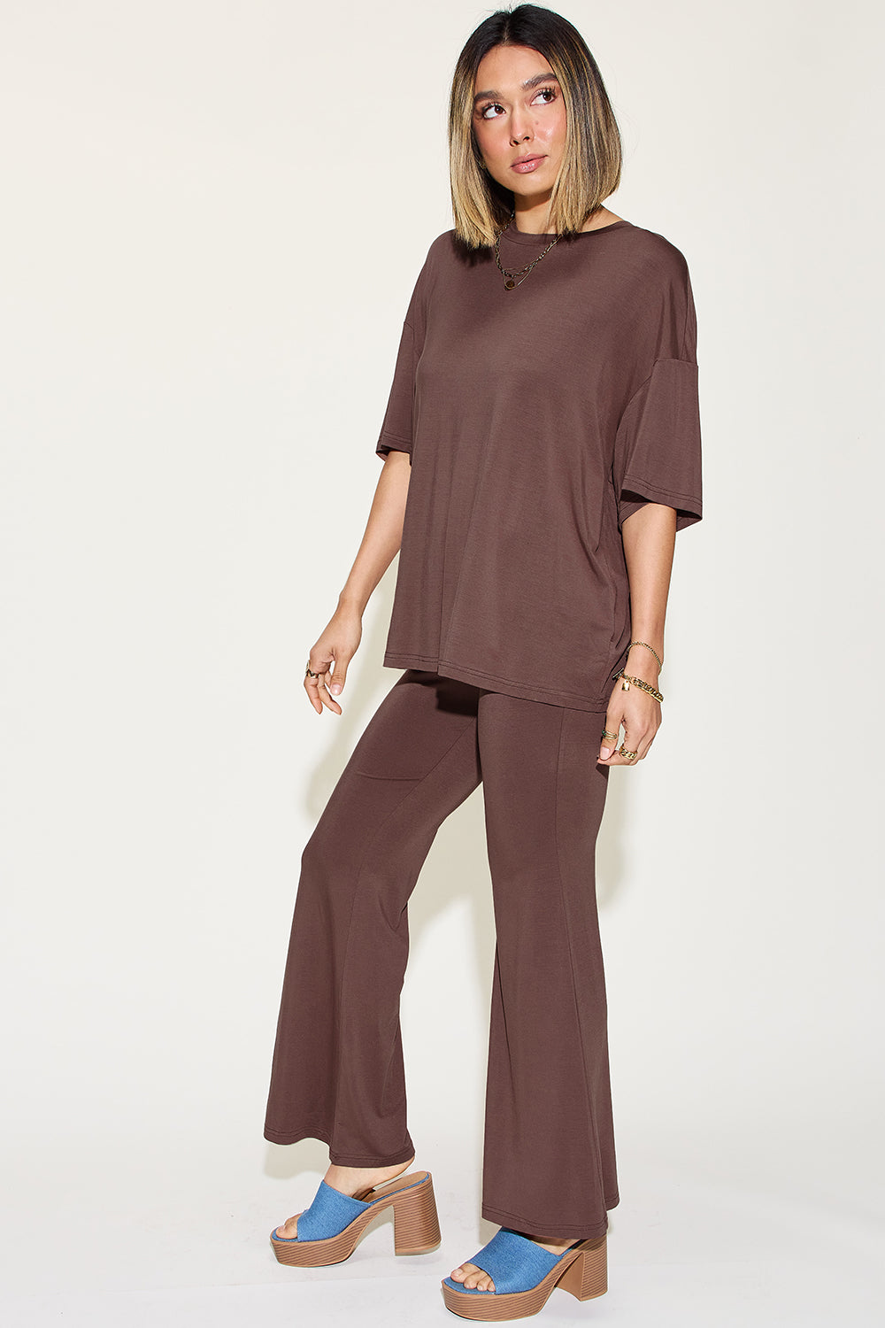 Comfy Bamboo Drop Shoulder Tee &amp; Flare Pants Set