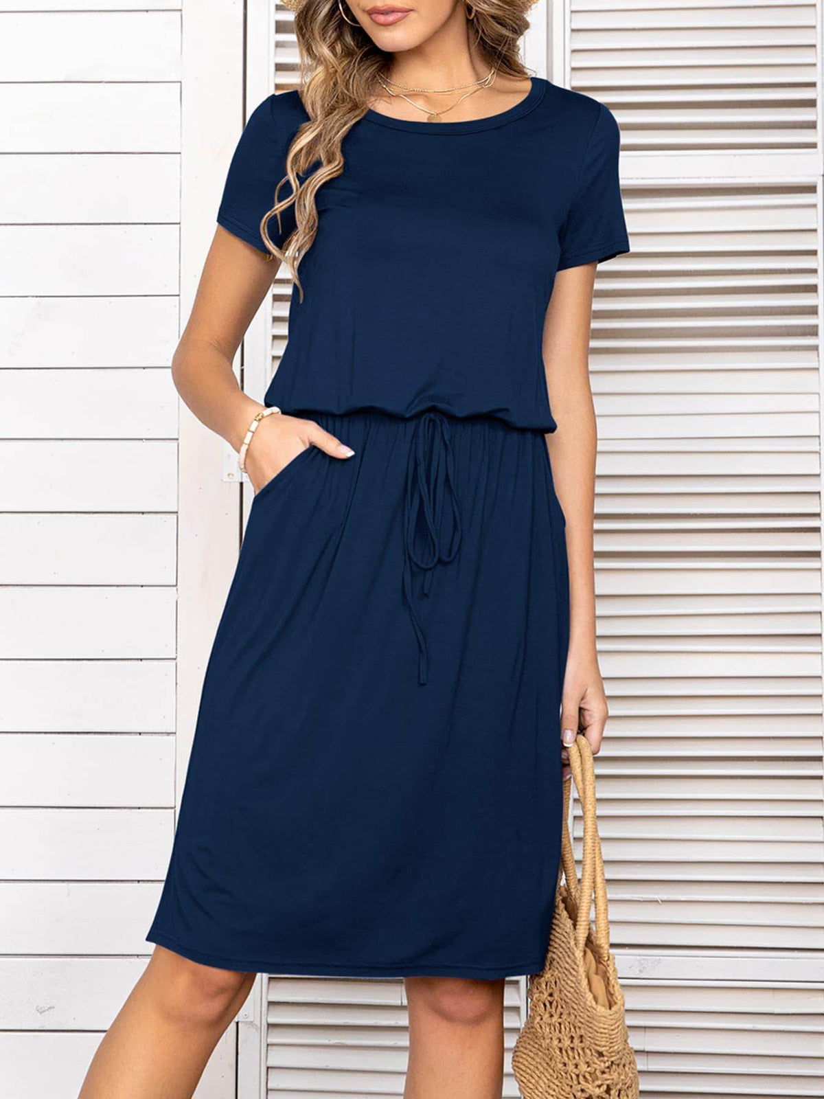 Round Neck Short Sleeve Slit Dress with Pockets for Women