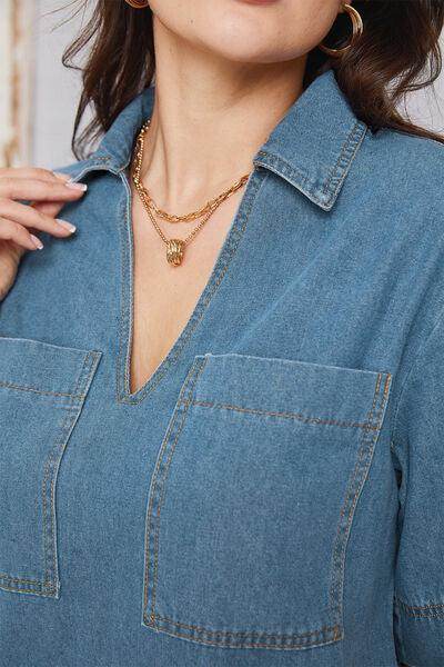 Stylish Pocketed Collared Neck Mini Denim Dress for Women