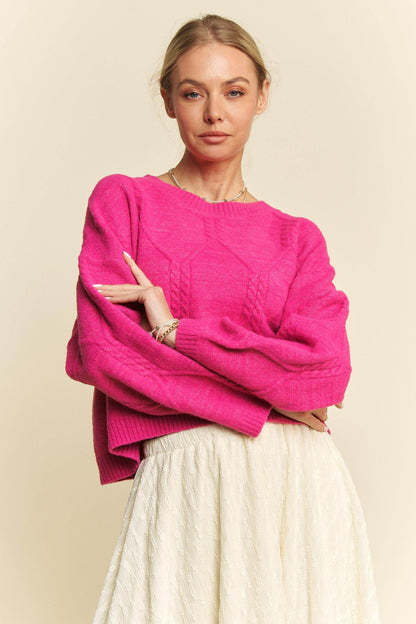 Davi &amp; Dani Diamond Cable Pattern Drop Shoulder Sweater