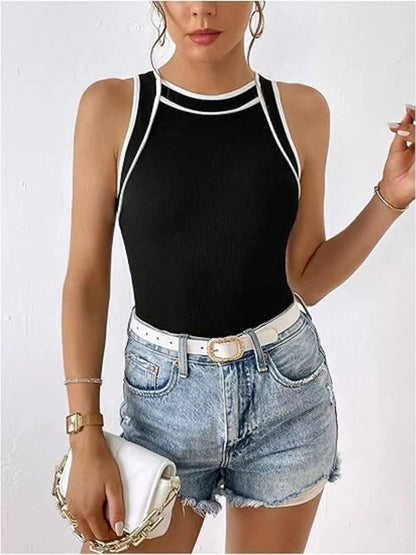 Ribbed Knit Contrast Trim Tank Top