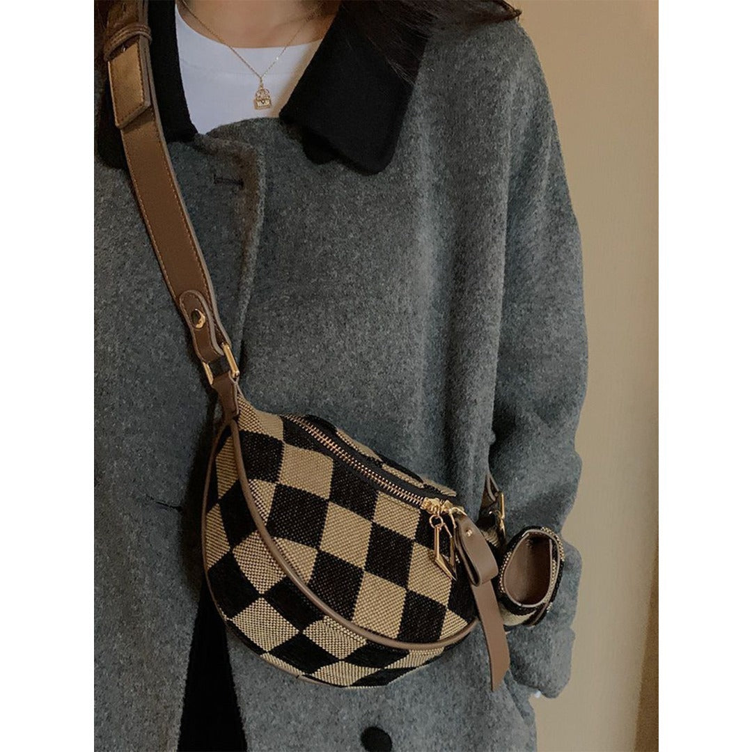 Small Crossbody Bag – Versatile Commute with Checkerboard Canvas, Compact Earphone Bag, Stylish 2-in-1 Chest Bag &amp; Fanny Pack for Everyday Use