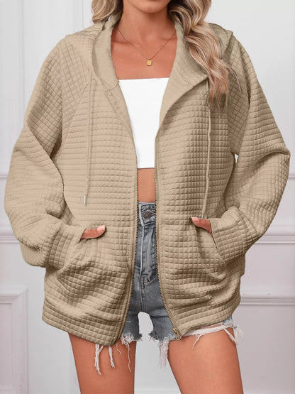 Full Size Textured Quilted Zip-Up Hooded Jacket Plus Size