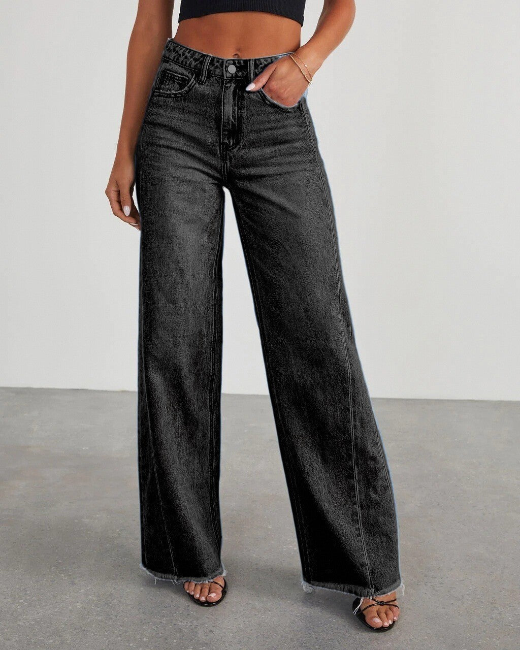 Europe And The United States Cross-border New Amazon Loose Wide Leg Side Stitching Framed Hem Jeans Women&