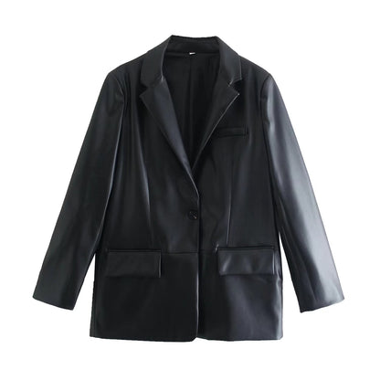 Simple Straight Leather Effect Blazer For Women