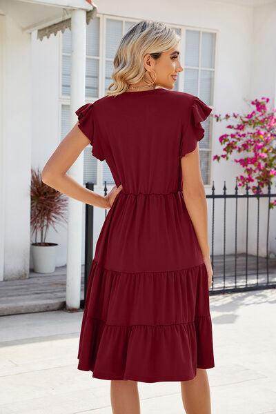 Ruched Notched Cap Sleeve Dress with Pockets and Stretch