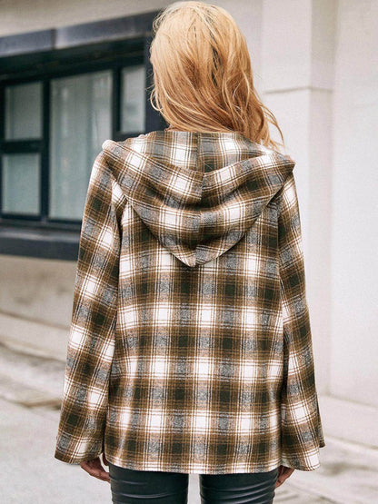 Ivy Lane Pocketed Plaid Long Sleeve Hooded Jacket for Women