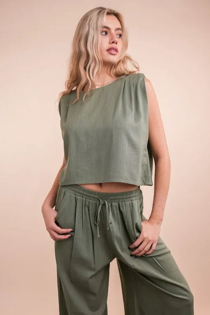 VERY J Solid Woven Top &amp; Pants Set