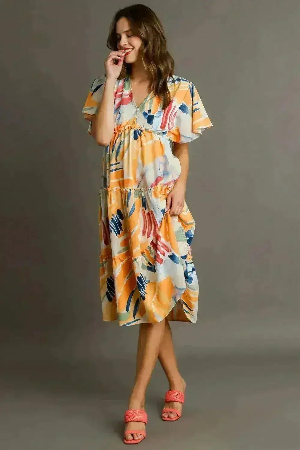 Umgee Abstract Print Midi Dress – Flutter Sleeves &amp; Tiered Frill Detail