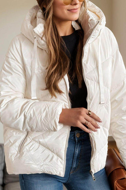 Drawstring Zip Up Long Sleeve Hooded Winter Coat for Women