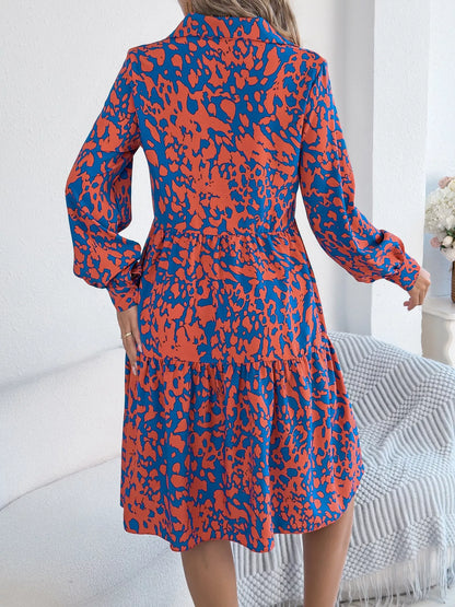 Printed Collared Neck Long Sleeve Dress