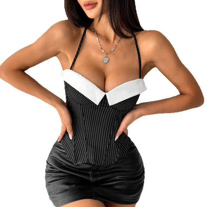 Womens Striped Patchwork Contrast Color BustierTube Top