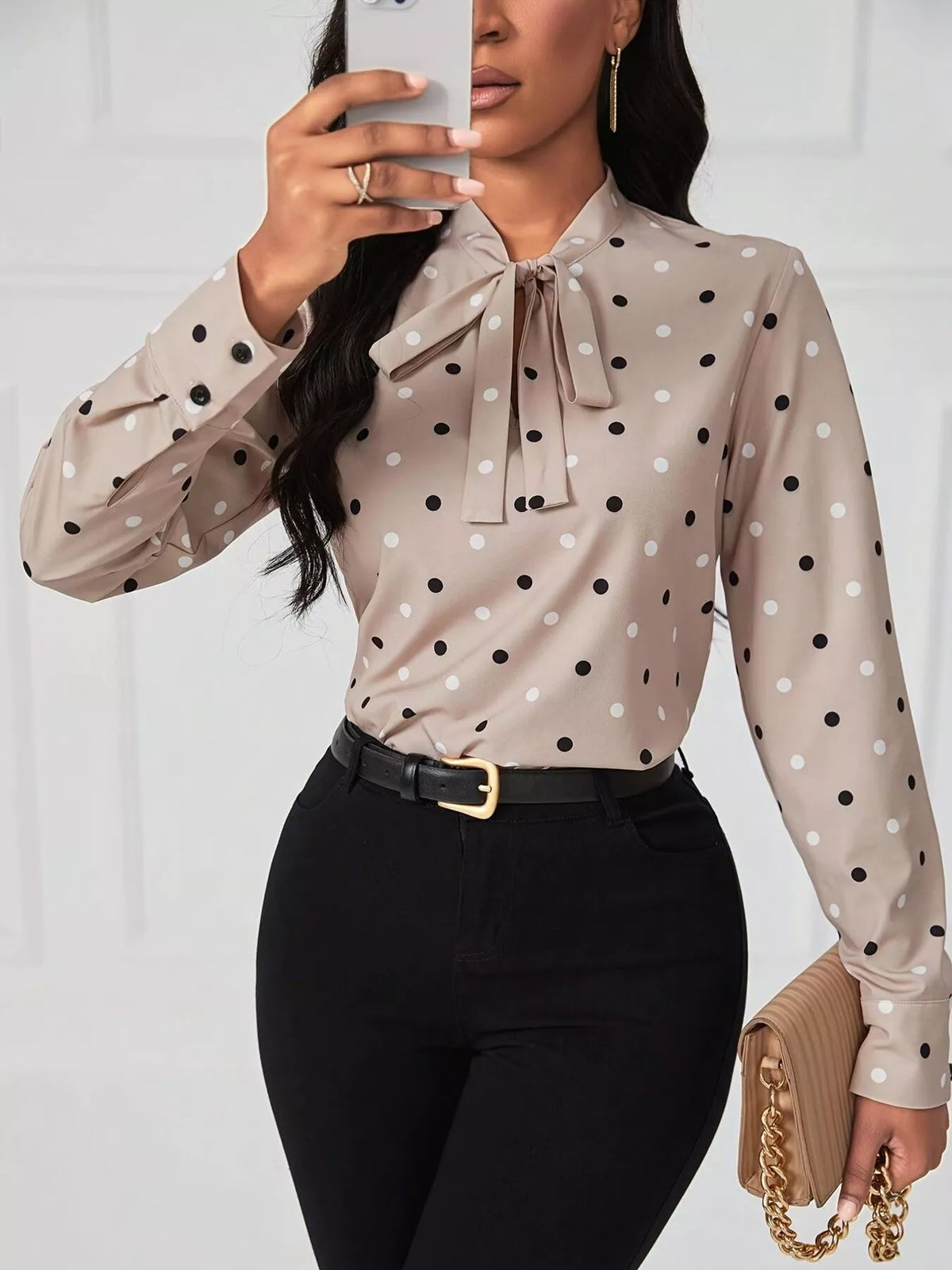 Polka Dot Tie Neck Blouse