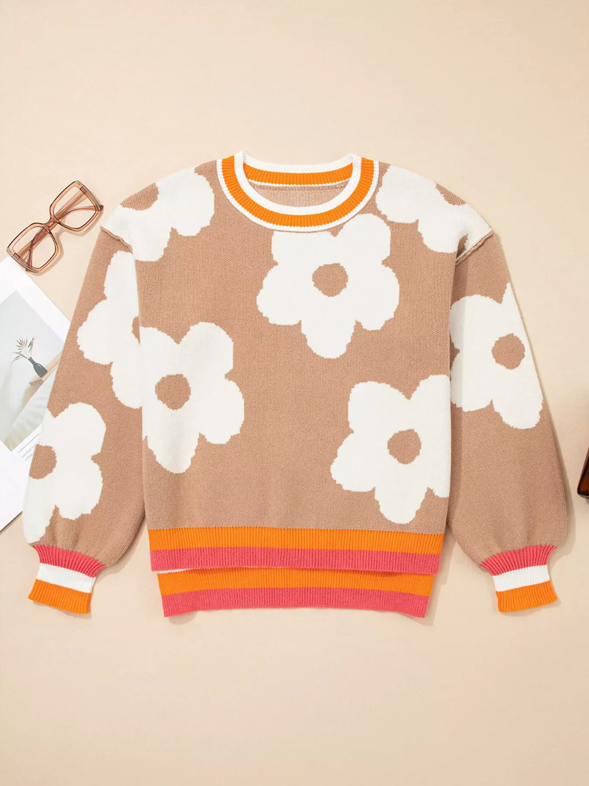 Flower Pattern Contrast Striped Baggy Sweater