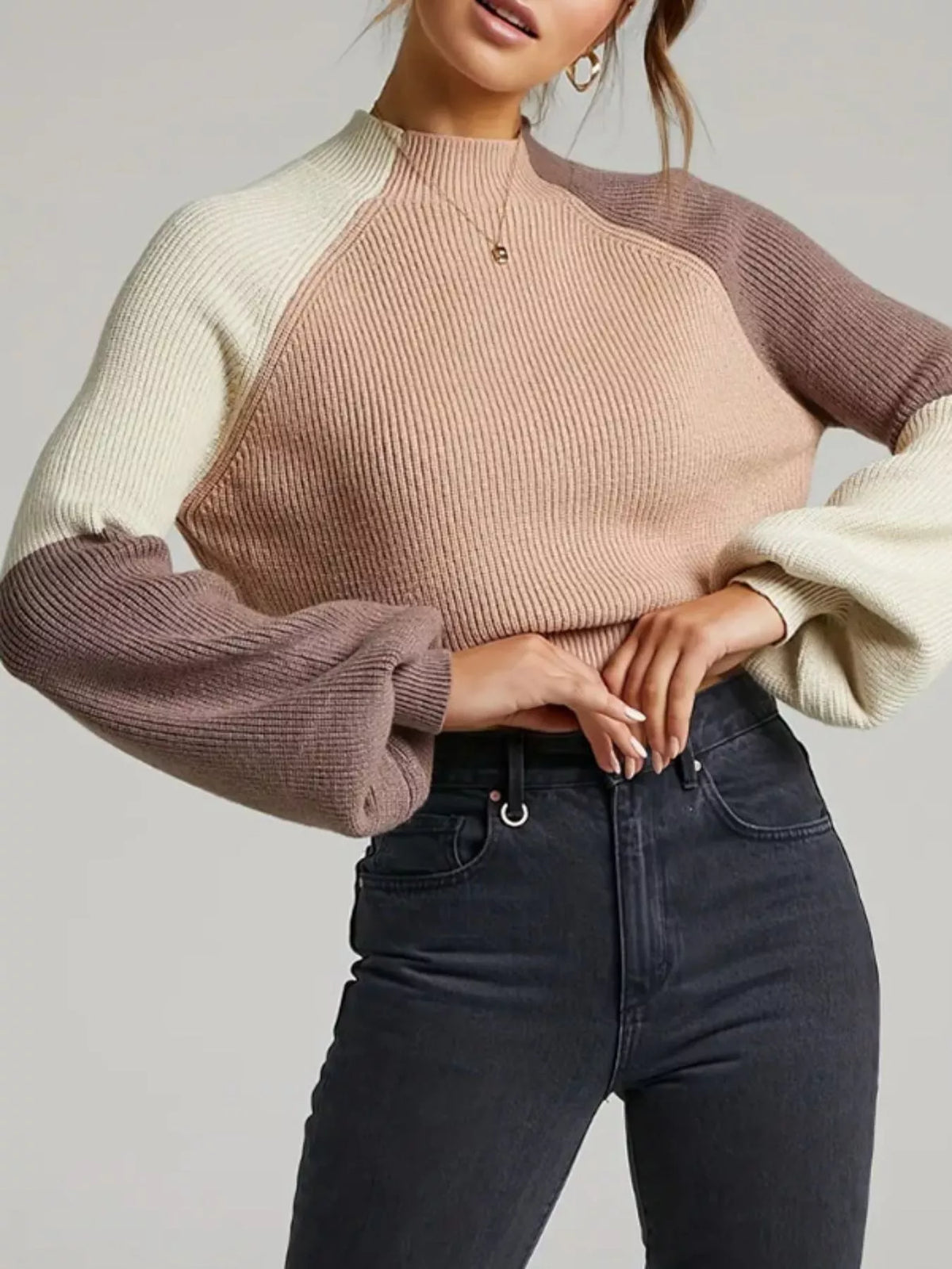 Color Block Mock Neck Sweater