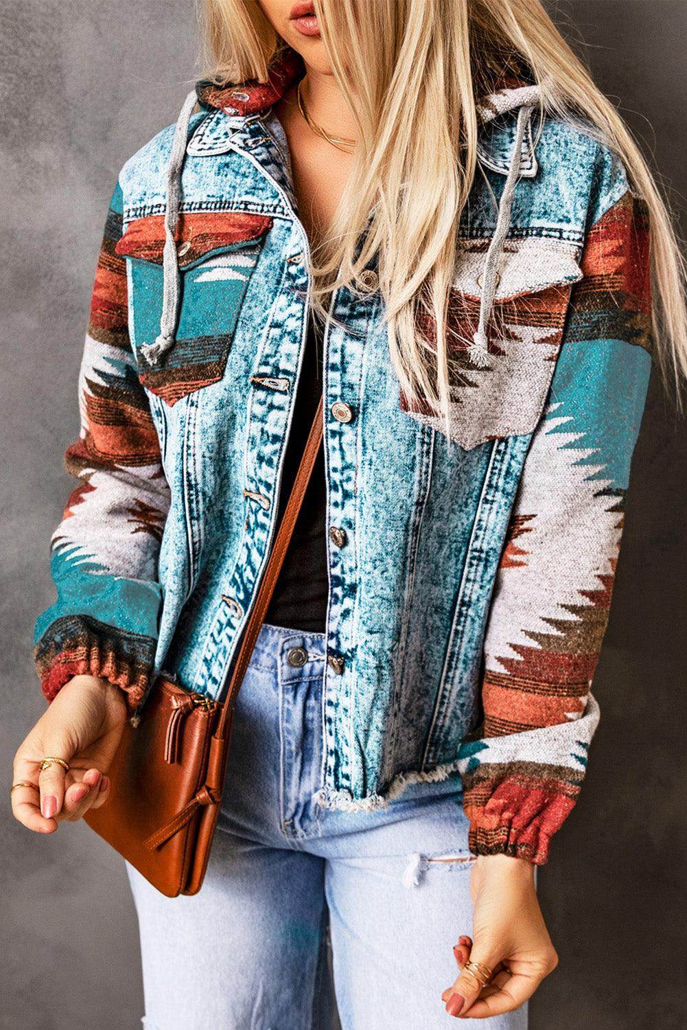 Drawstring Hooded Pocketed Denim Jacket for Women