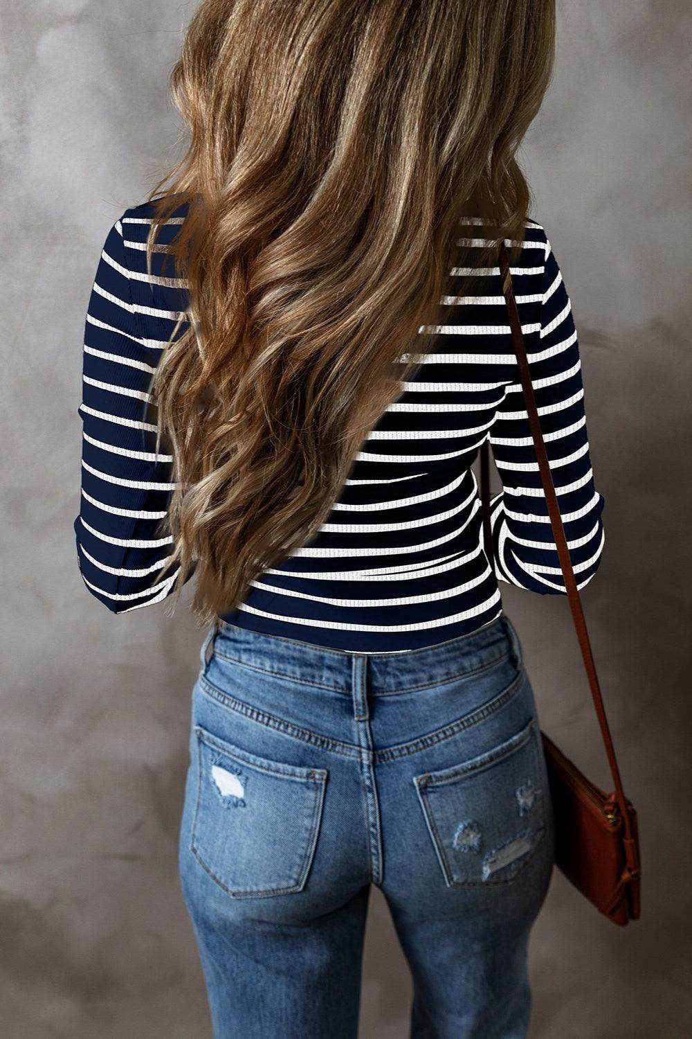 Striped V-Neck Long Sleeve Top for Women Casual Wear