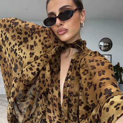 Leopard-print Hollow-out Small Stand-up Collar Long-sleeve Shirt