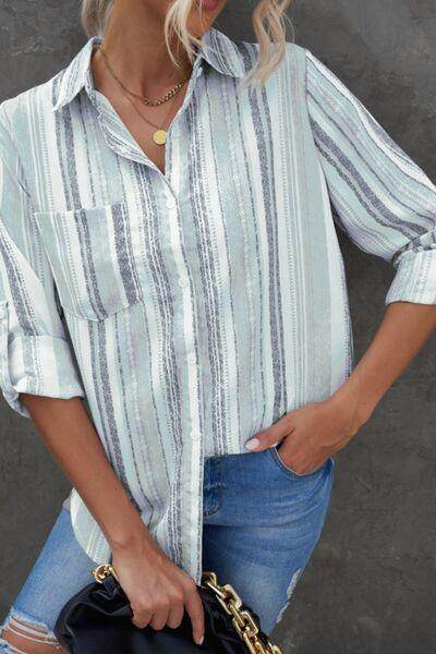 Striped Collared Neck Long Sleeve Shirt for Women Fashion