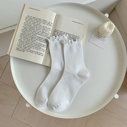 Solid-color Ruffle-trimmed Socks For Women