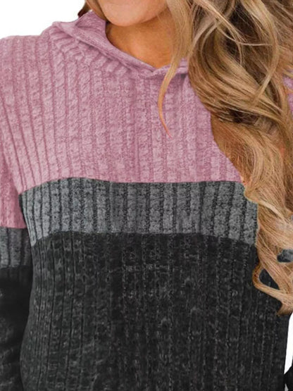 Full Size Color Block Ribbed Knit Hoodie Plus Size