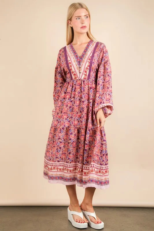 VERY J Floral Printed Boho V-Neck Balloon Sleeve Dress
