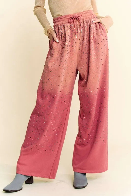 Davi &amp; Dani Rhinestone Drawstring Wide Leg Pants