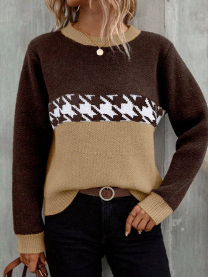 Houndstooth Pattern Color Block Sweater