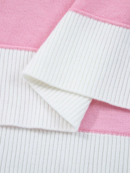 Contrasting Polo Collar Color Block Knit Drop Shoulder Sweater