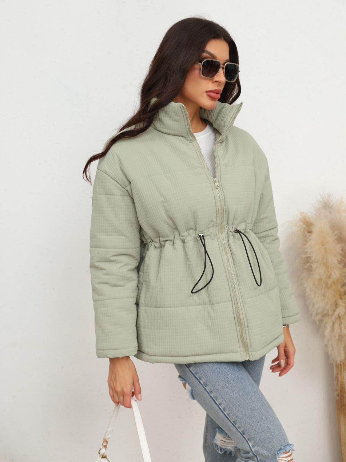Drawstring Waist Zip-Up Puffer Jacket for Women Stylish Warmth