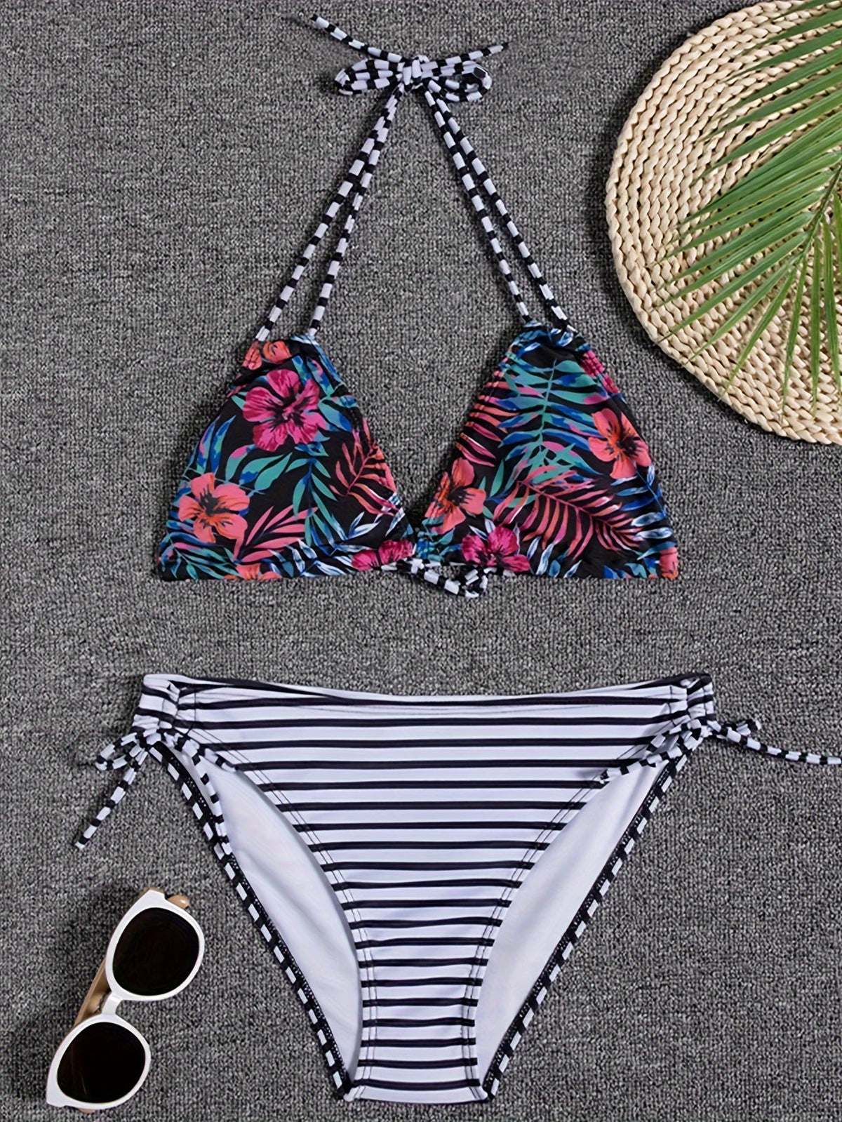 Sunset Bloom 2-Piece Triangle Bikini Set for Women – Vibrant Random Floral Print Halter Neck Swimsuit with Tie-Back Tie-Side Bottoms &amp; High Cut Legs – Women&